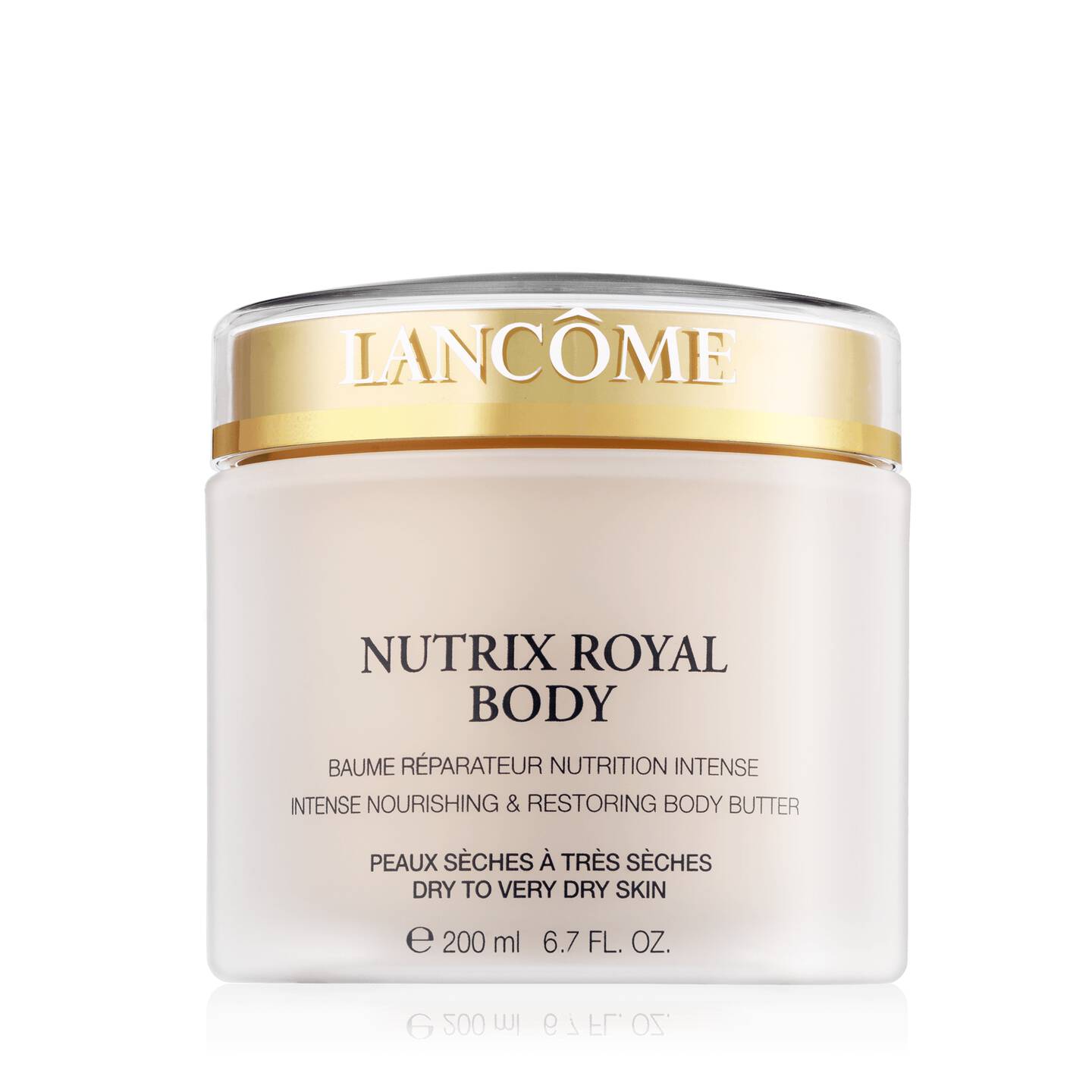 Lancôme Nutrix Royal Body Cream 200ml in elegant transparent jar with gold lid and Lancôme logo