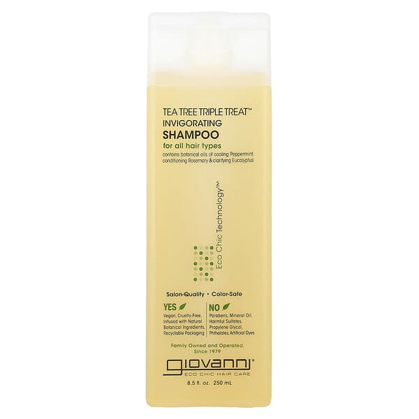 Giovanni Tea Tree Triple Treat Invigorating Shampoo 250ml, green-tinted squeeze bottle with flip-top cap and tea tree label