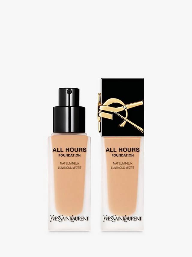 Yves Saint Laurent All Hours Luminous Matte Foundation with SPF 39 (LC6), slim glass foundation bottle with black cap and gold YSL logo