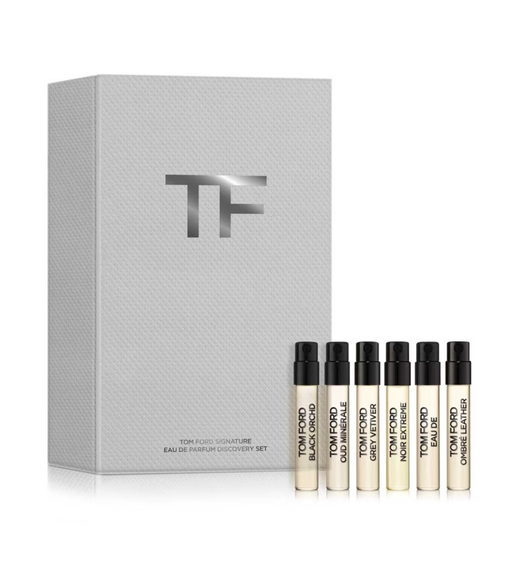 TOM FORD Signature Sampler Set - 2025 Edition, small black box with gold Tom Ford lettering, set of miniature spray vials inside