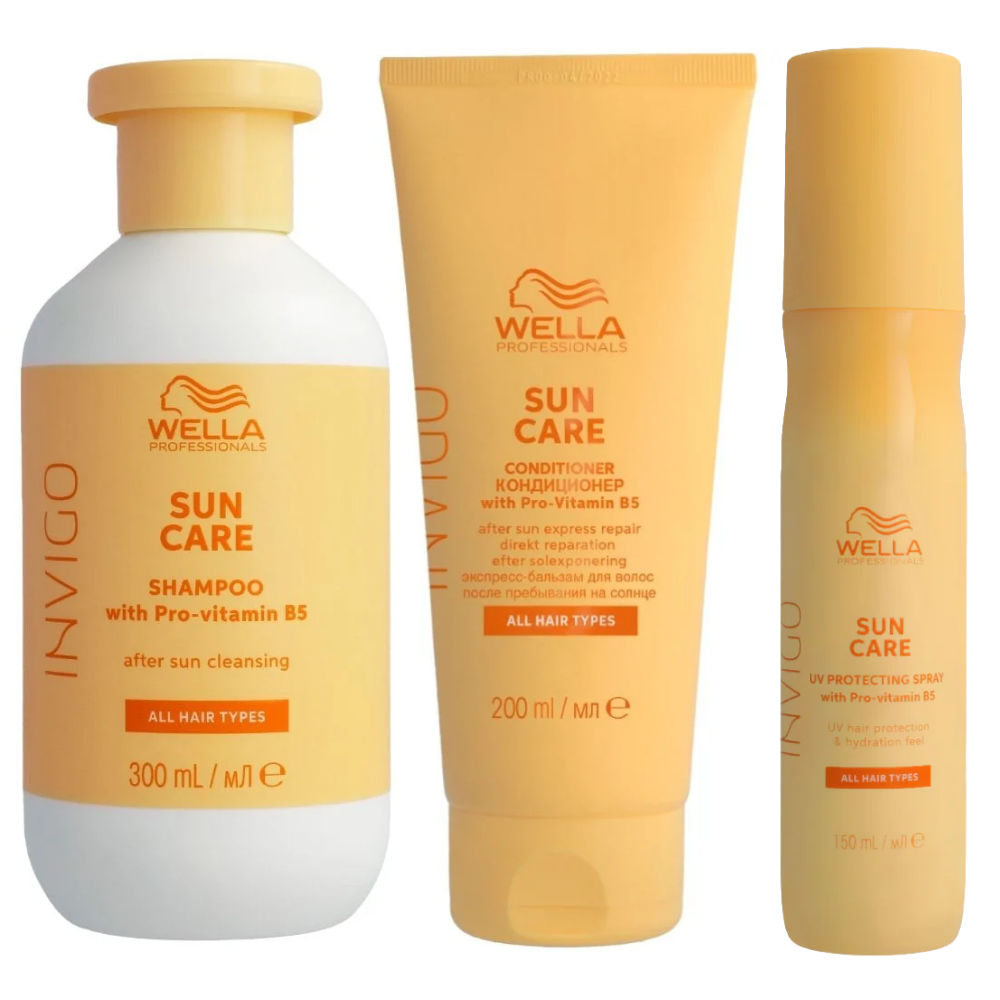 Wella Professionals Invigo Sun After Sun Care Trio, three yellow Invigo Sun containers: shampoo bottle, conditioner and spray bottle