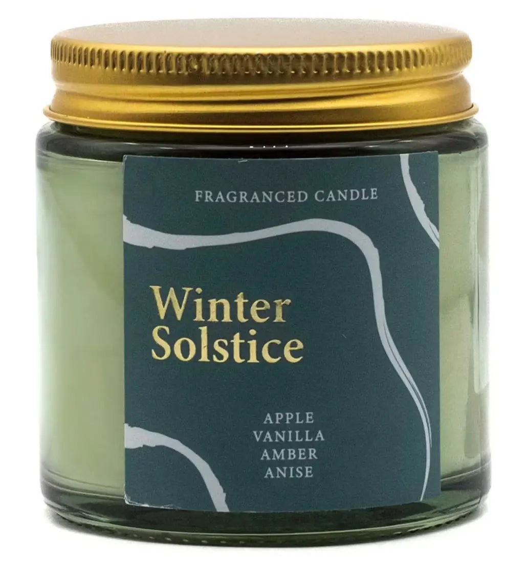 Winter Solstice Fragranced Candle with Apple, Vanilla, Amber & Anise 85g , small glass jar candle with wooden lid and simple Winter Solstice paper label