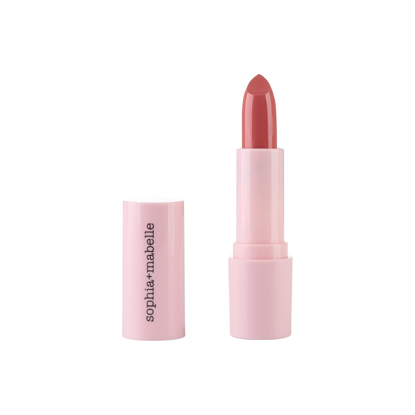 Sophia & Mabelle Lipstick in Pink Cocoa, a soft rosy nude shade in black bullet.