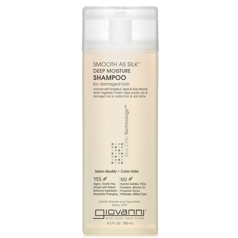 Giovanni Smooth as Silk Shampoo for Damaged Hair 250ml, clear squeeze bottle of pearly shampoo with flip-top cap