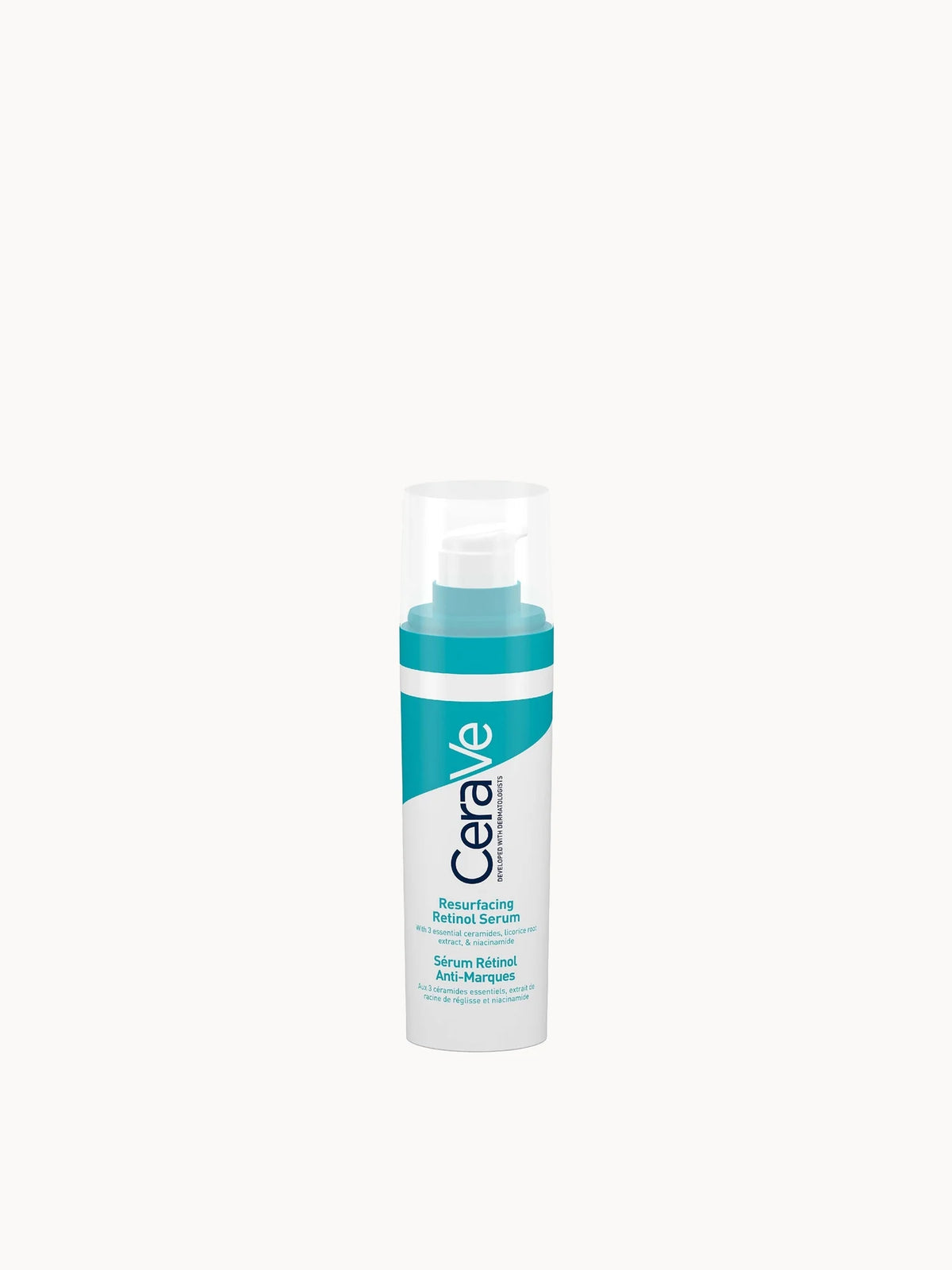 CeraVe Resurfacing Retinol Serum 30ml, white pump bottle with orange cap