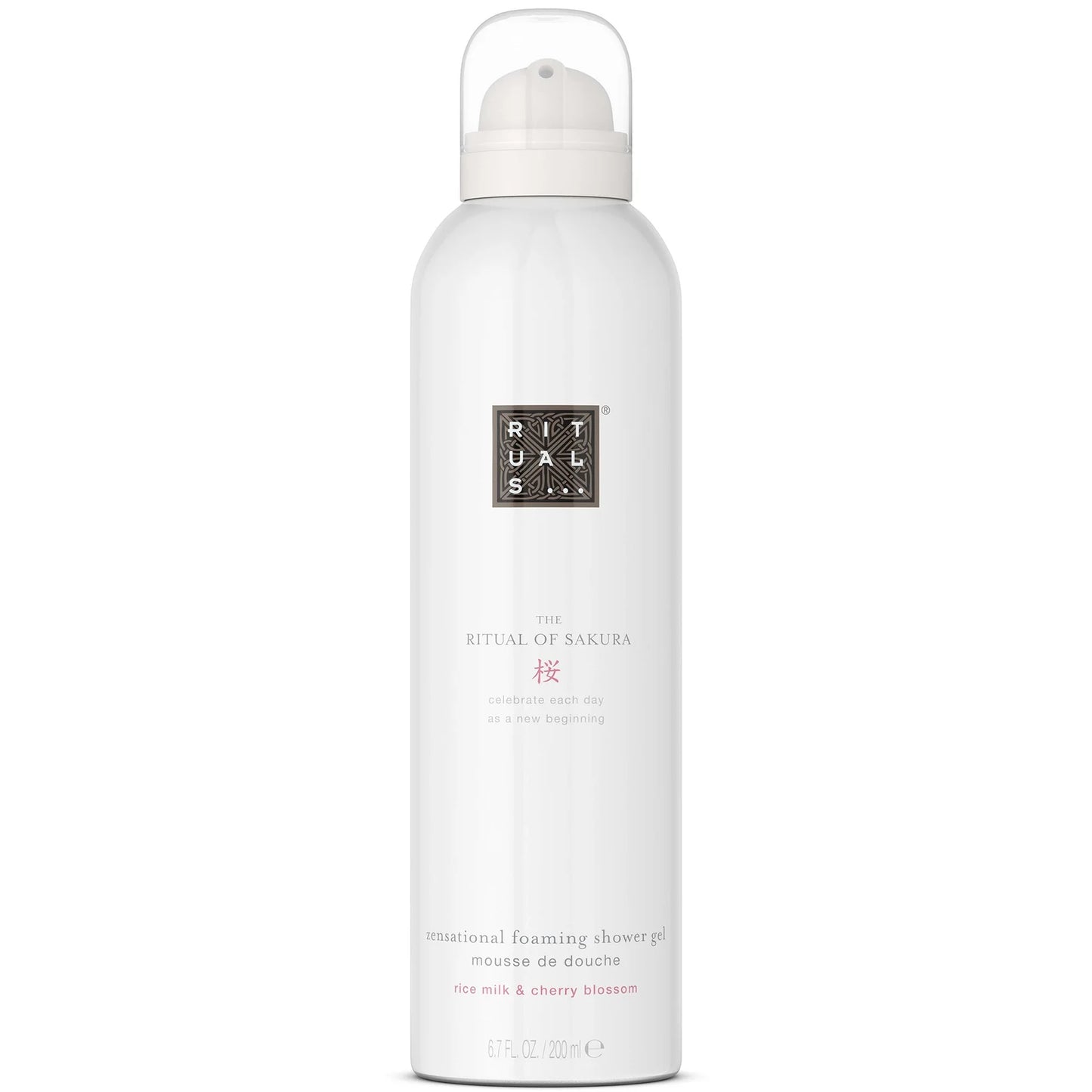 Rituals The Ritual of Sakura Foaming Body Wash 200ml, elegant white cylindrical bottle filled with a rich foam infused with rice milk and cherry blossom scent