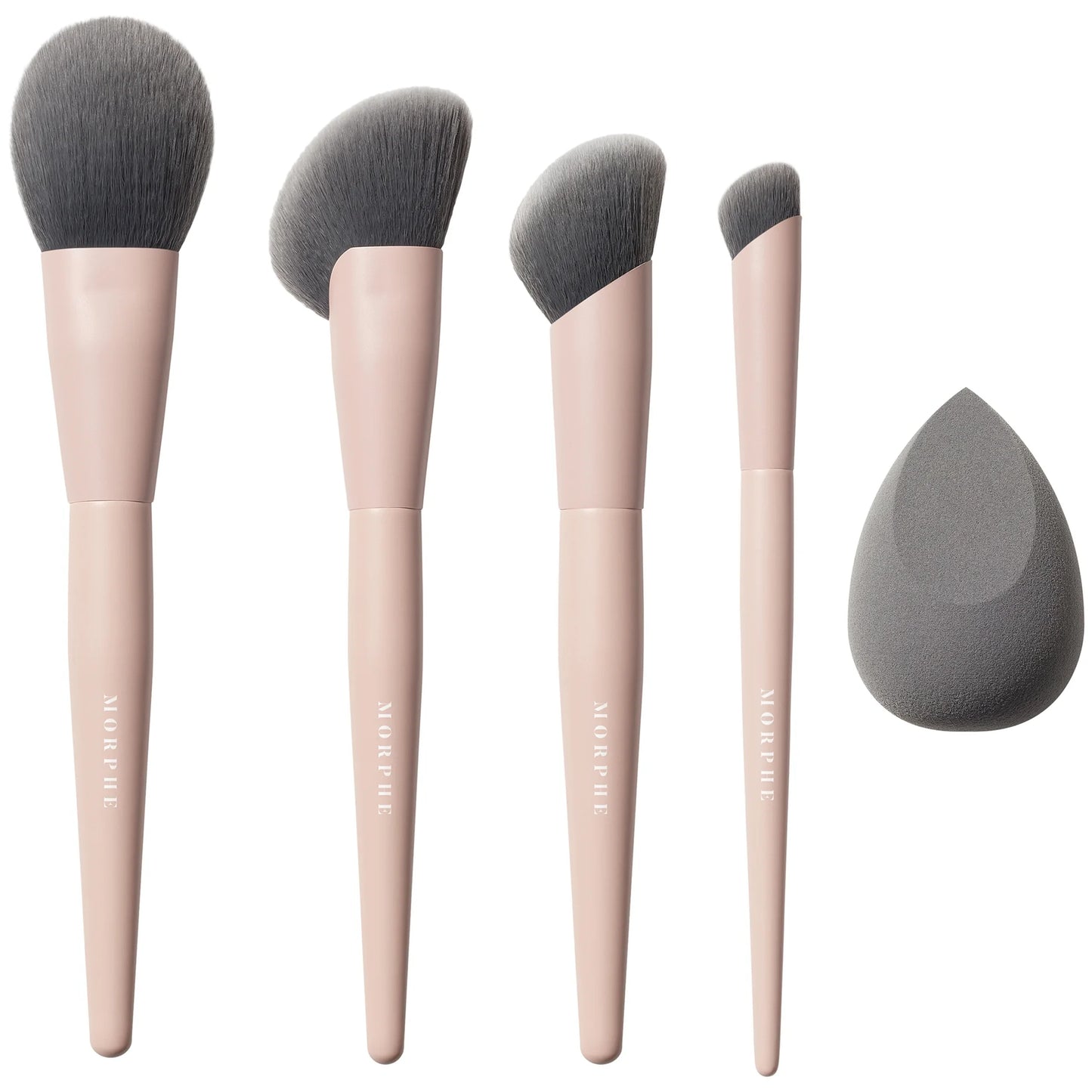 Morphe Bamboo and Charcoal Face Brush Set - set of four pink-bristled brushes with sleek bamboo handles and one gray makeup sponge