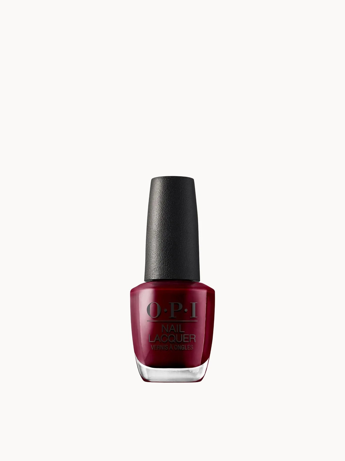 OPI Nail Lacquer Dark Red Nail Polish 15ml - Malaga Wine, glass nail polish bottle with tall black cap and OPI logo, filled with deep wine-red lacquer