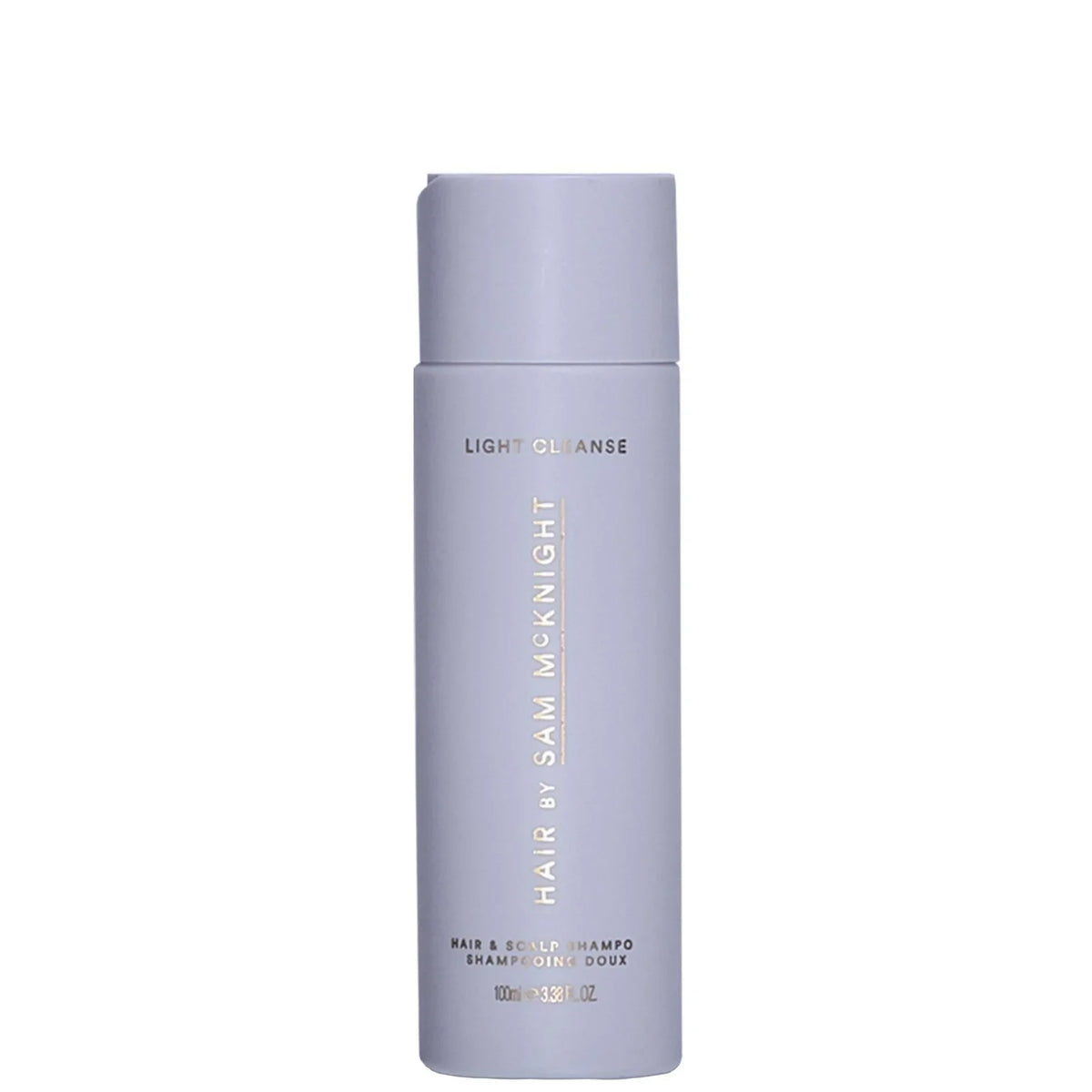 Hair by Sam McKnight Light Cleanse Hair and Scalp Shampoo 100ml, small white bottle with a flip cap and minimal black Hair by Sam McKnight lettering