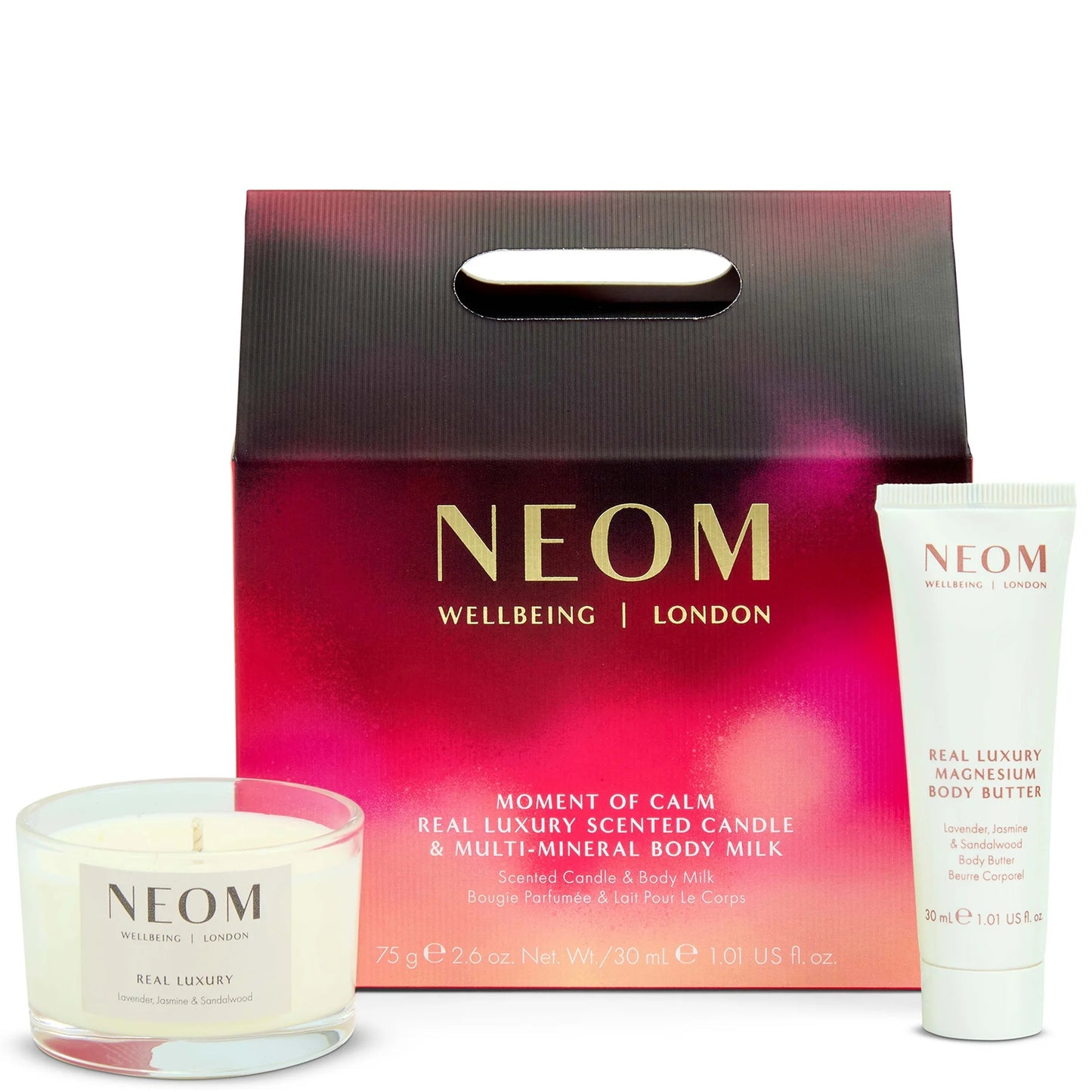 NEOM Moment of Calm two-piece set with a scented candle and body milk.