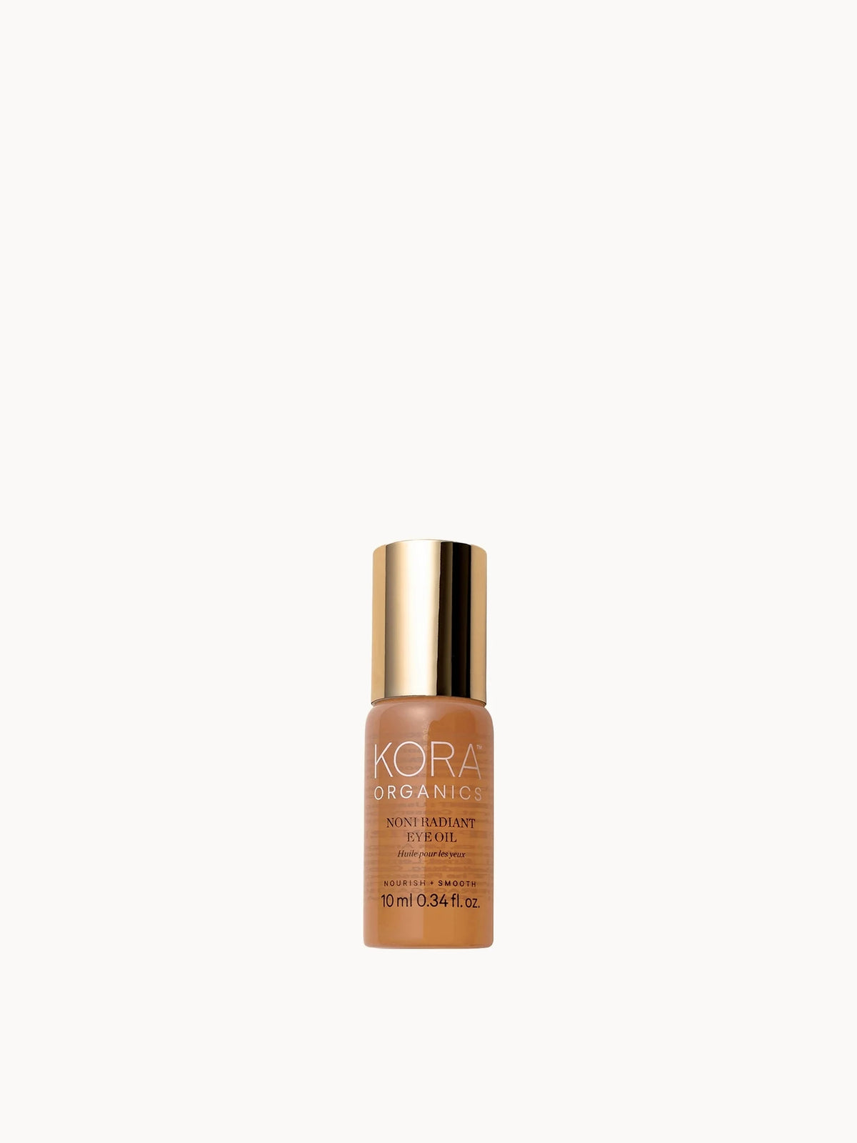 Kora Organics Noni Radiant Eye Oil 10ml , small amber glass dropper bottle with pink cap and Kora Organics branding