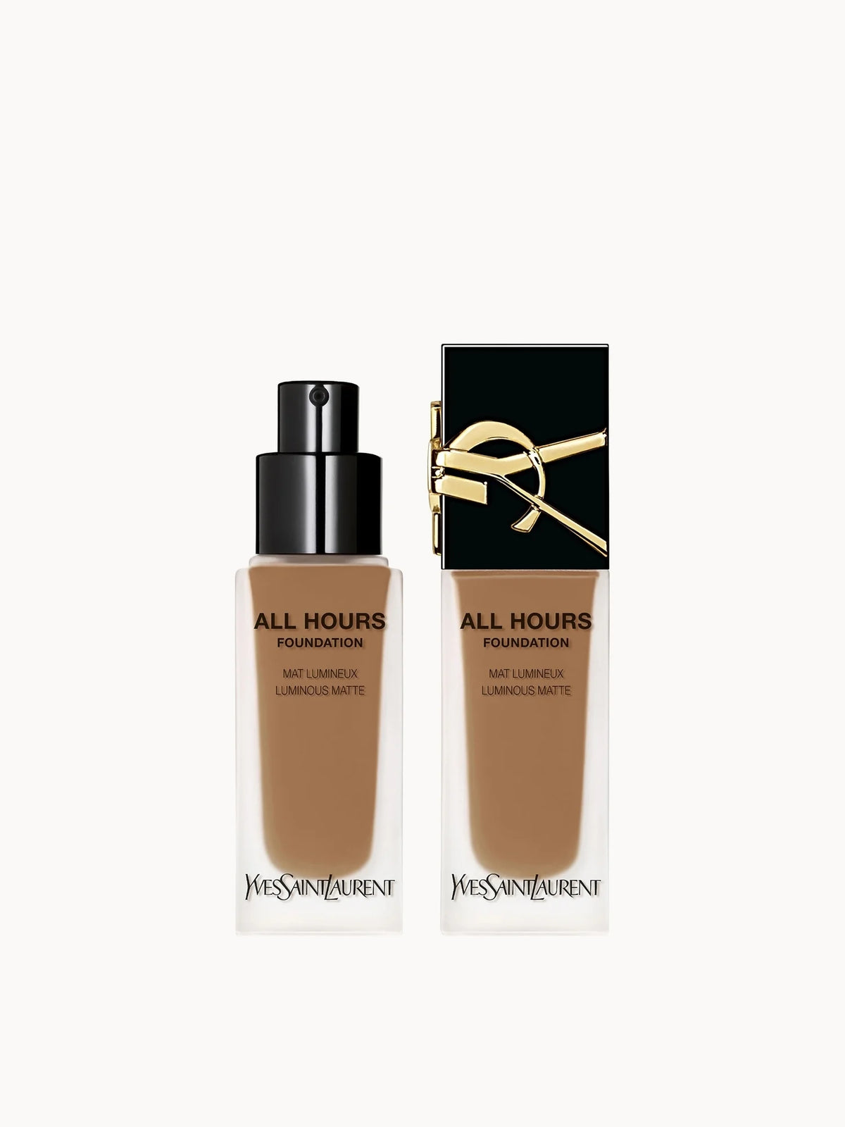 Yves Saint Laurent All Hours Luminous Matte Foundation with SPF 39 - DN1, glass bottle with gold pump dispenser and black YSL cassandre logo
