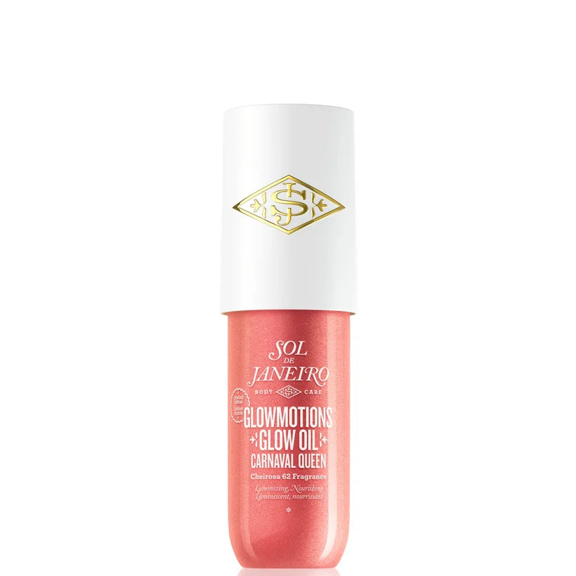 Sol de Janeiro Limited Edition Carnaval Queen Glow Motions Glow Oil 75ml clear bottle with golden oil and yellow cap displayed upright