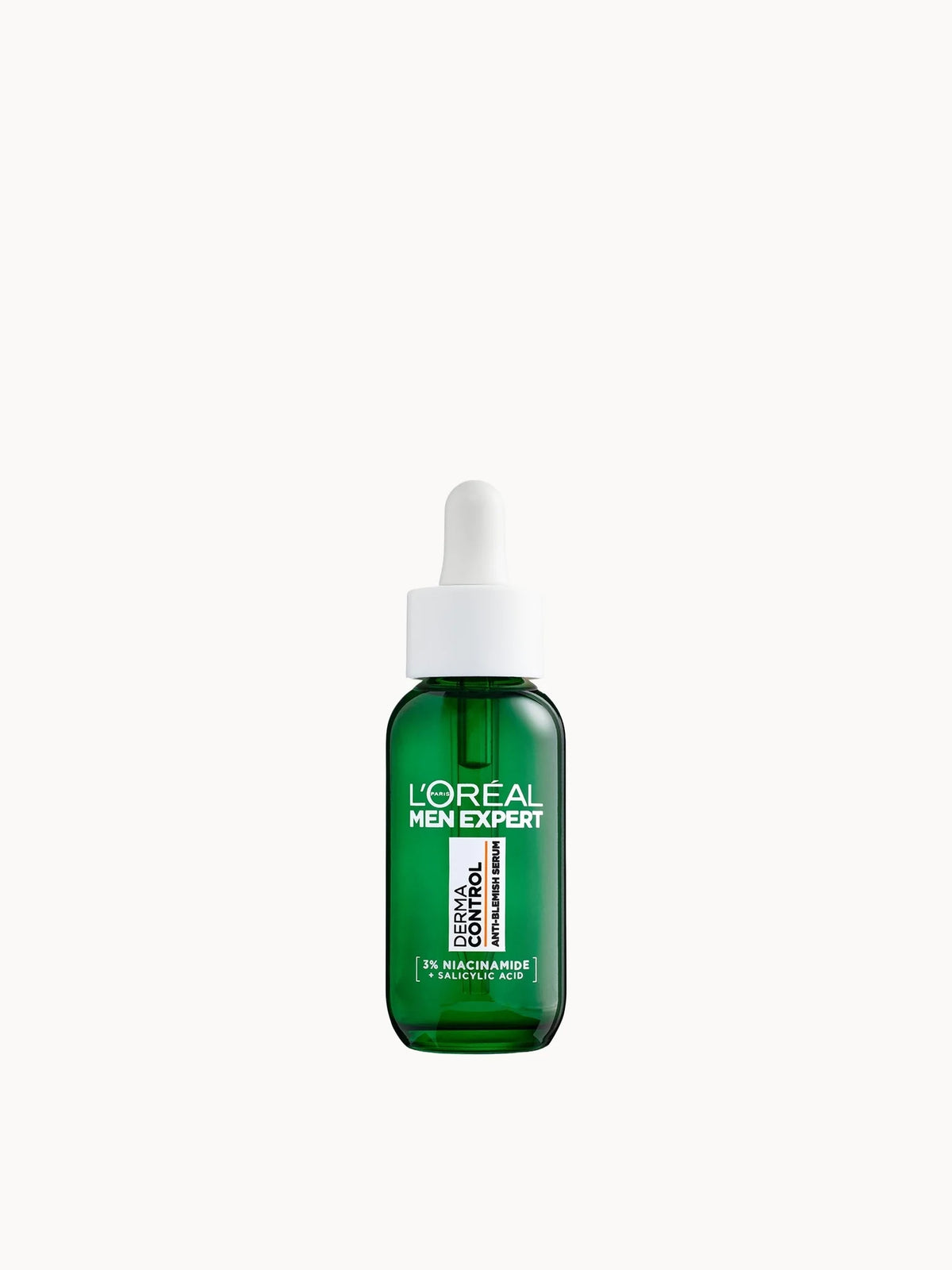 L'Oréal Men Expert Derma Control Anti-Blemish Serum with 3% Niacinamide + Salicylic Acid 30ml, clear dropper bottle with black cap and L'Oréal Men Expert Derma Control branding