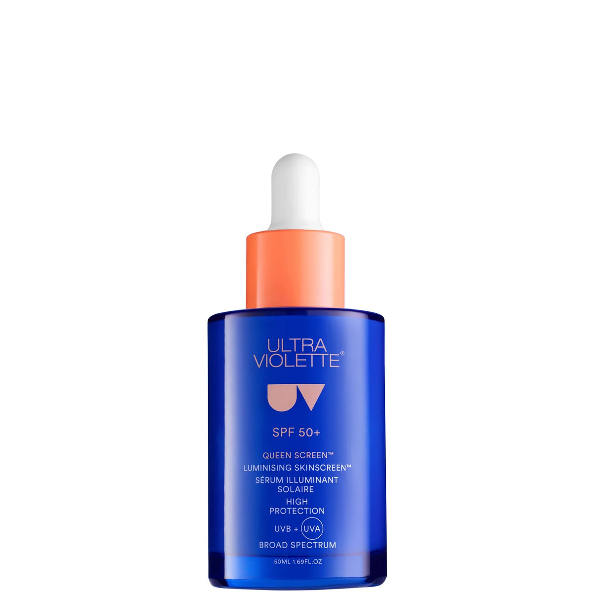 Ultra Violette Queen Screen SPF 50+ Luminising Skinscreen Serum 50ml, frosted bottle with dropper cap and Ultra Violette branding