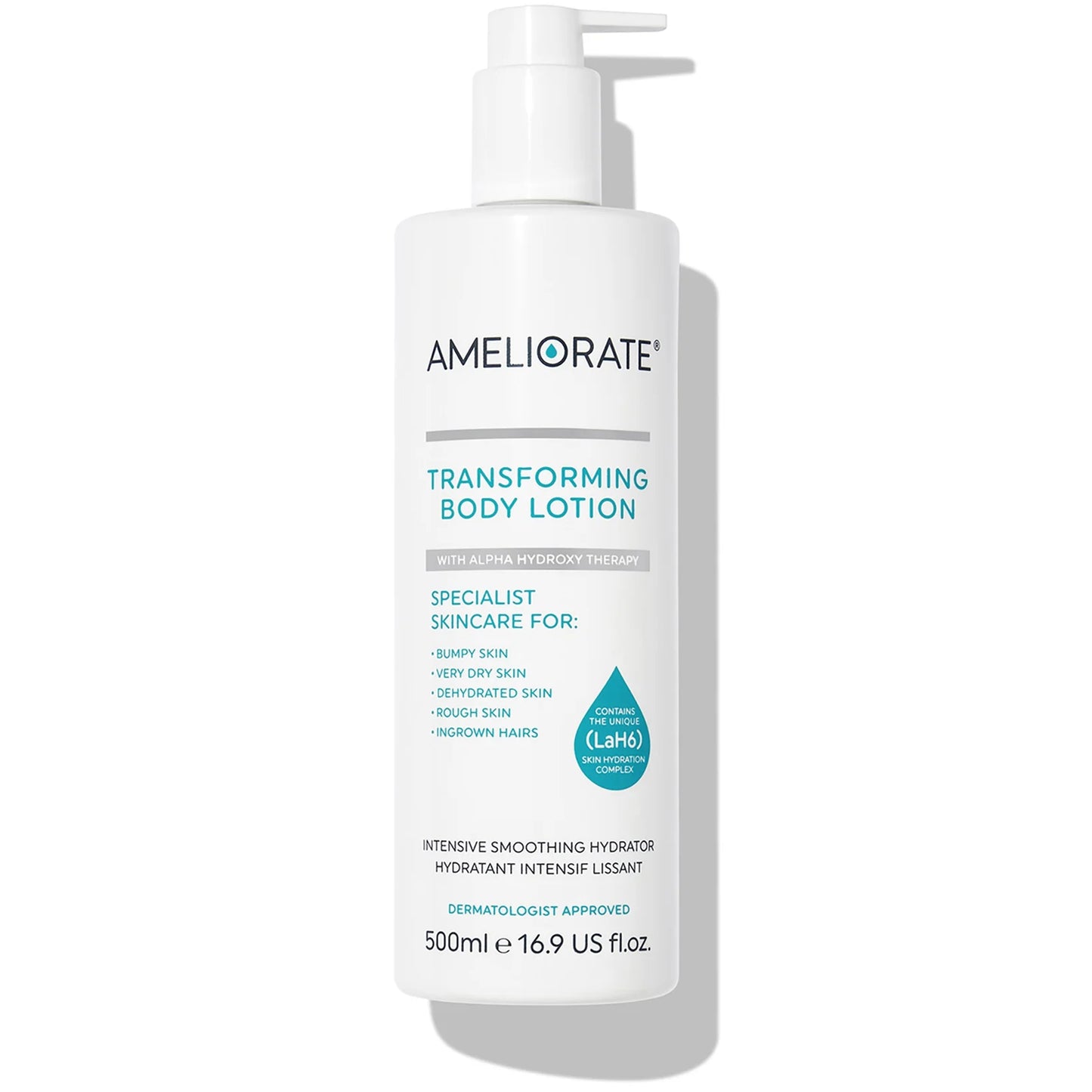 AMELIORATE Transforming Body Lotion 500ml – Moisturising body lotion for dry, rough, bumpy skin with lactic acid, in a white pump bottle.