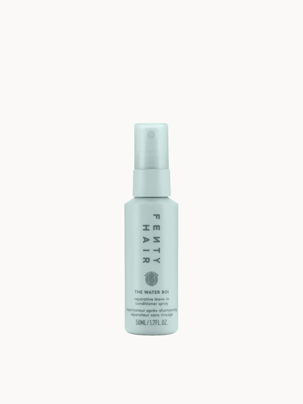 Fenty Hair Waterboi Leave In Conditioner Spray Mini 50ml, small spray bottle with fine-mist nozzle and Fenty Hair logo
