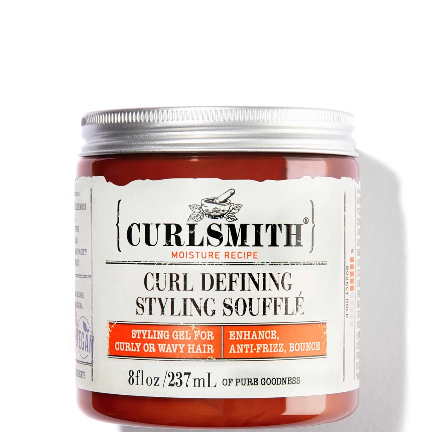 Curlsmith Styling Soufflé 237ml, dark jar with rustic-style label and silver lid, designed to define curls and reduce frizz