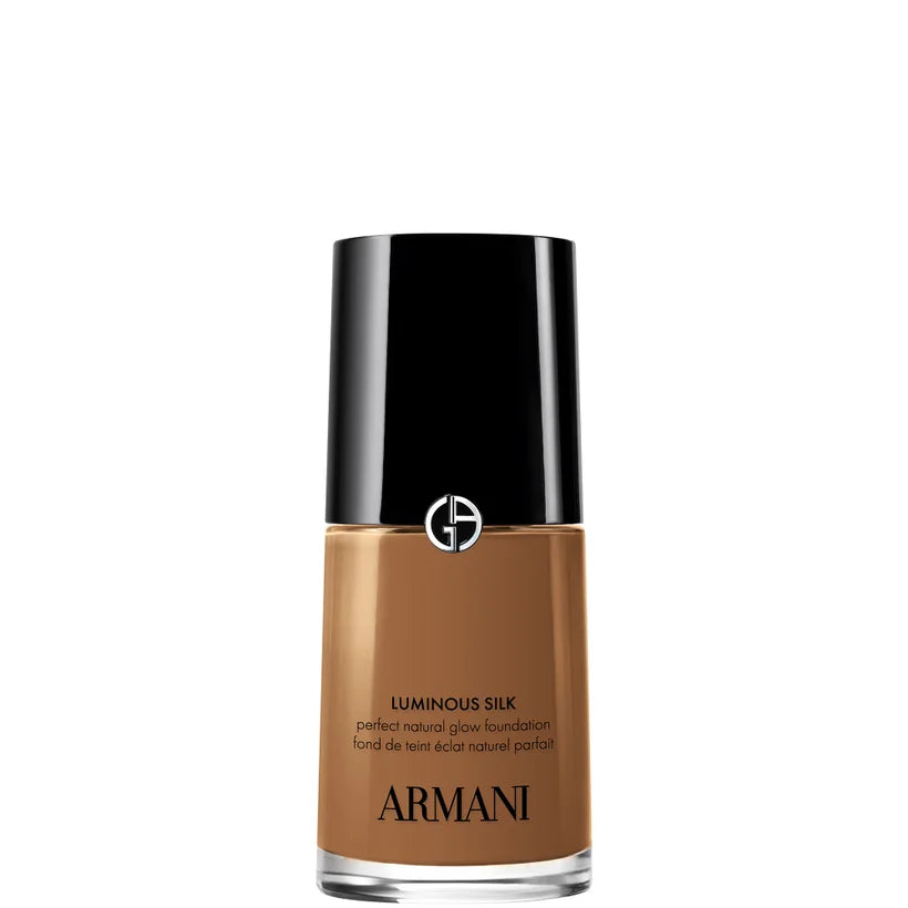 Armani Luminous Silk Foundation shade 13.25 glass bottle with black cap and deep tone liquid visible inside