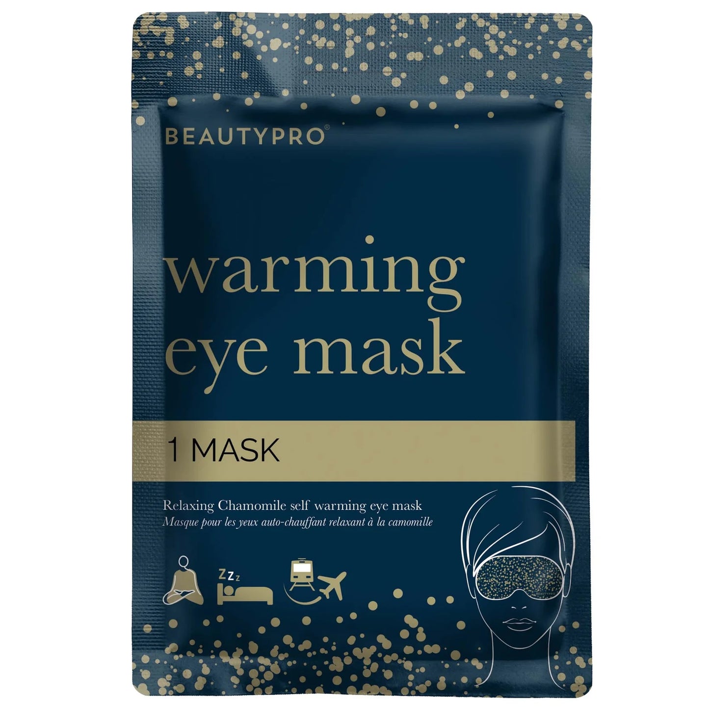 Single BEAUTYPRO warming eye mask sachet, showing illustration of the mask across closed eyes with relaxing spa-style design.