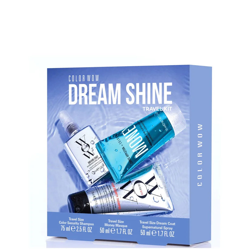Color Wow Dream Shine Travel Kit set with Color Wow haircare products in branded travel-size packaging