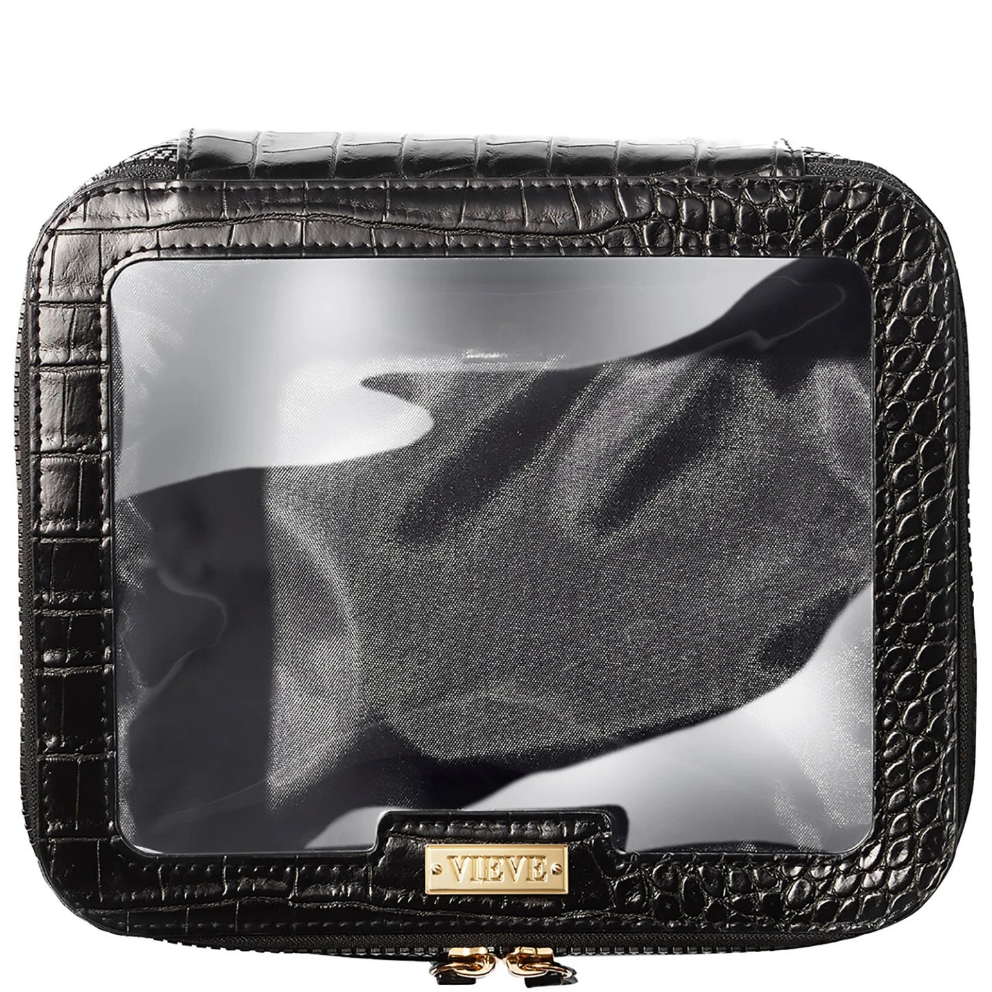 VIEVE The Essential+ Makeup Bag in sleek black faux leather with gold zip and embossed logo, structured and spacious for daily beauty essentials.