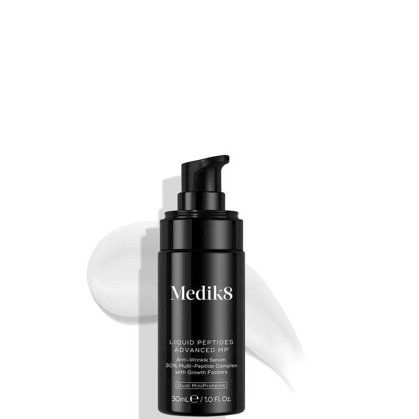 Medik8 Liquid Peptides Advanced MP 30ml blue glass serum bottle with dropper cap