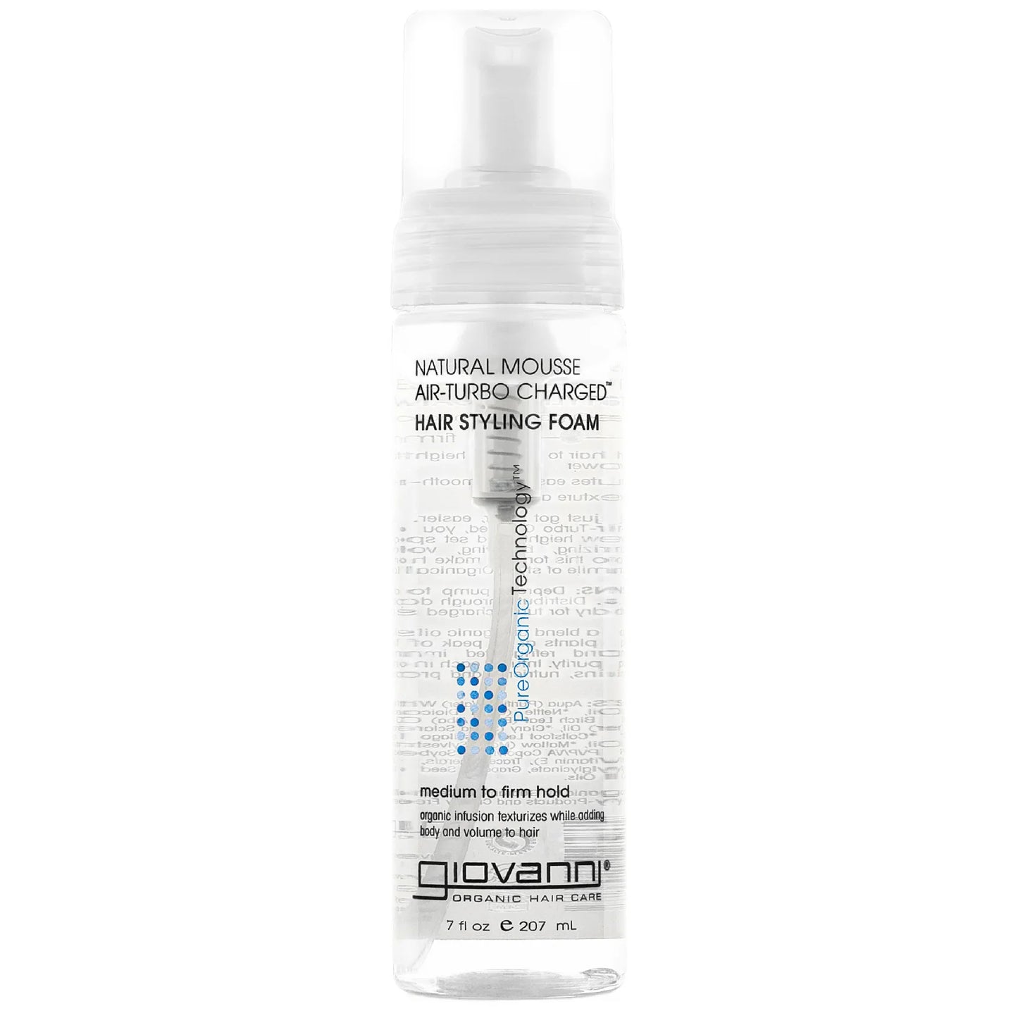 Giovanni Mousse Air-Turbo Charged Hair Styling Foam 207ml, silver cylindrical bottle with clear cap and bold black text, designed to add volume, hold, and shine to all hair types