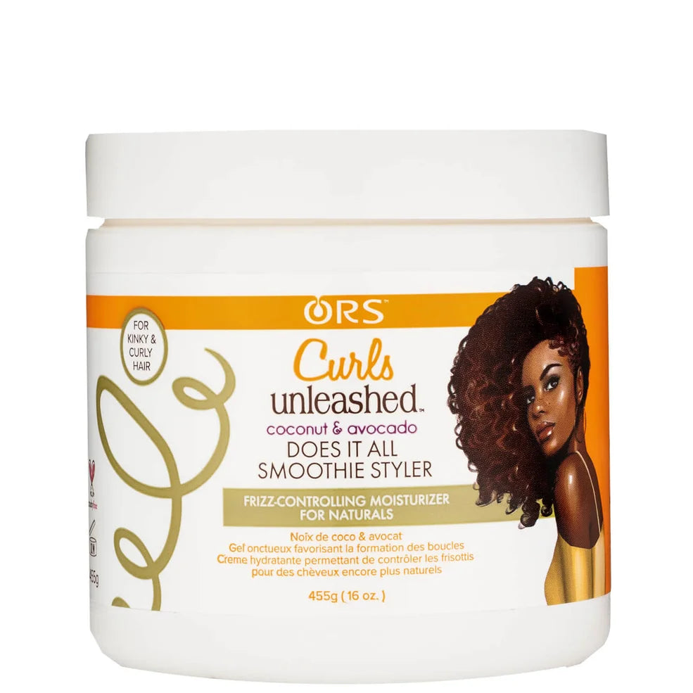 ORS Curls Unleashed Curl Smoothie 567 g – rich creamy curl-enhancing treatment in a wide plastic tub, infused with coconut and shea butter to define, moisturise, and control frizz in natural curls.