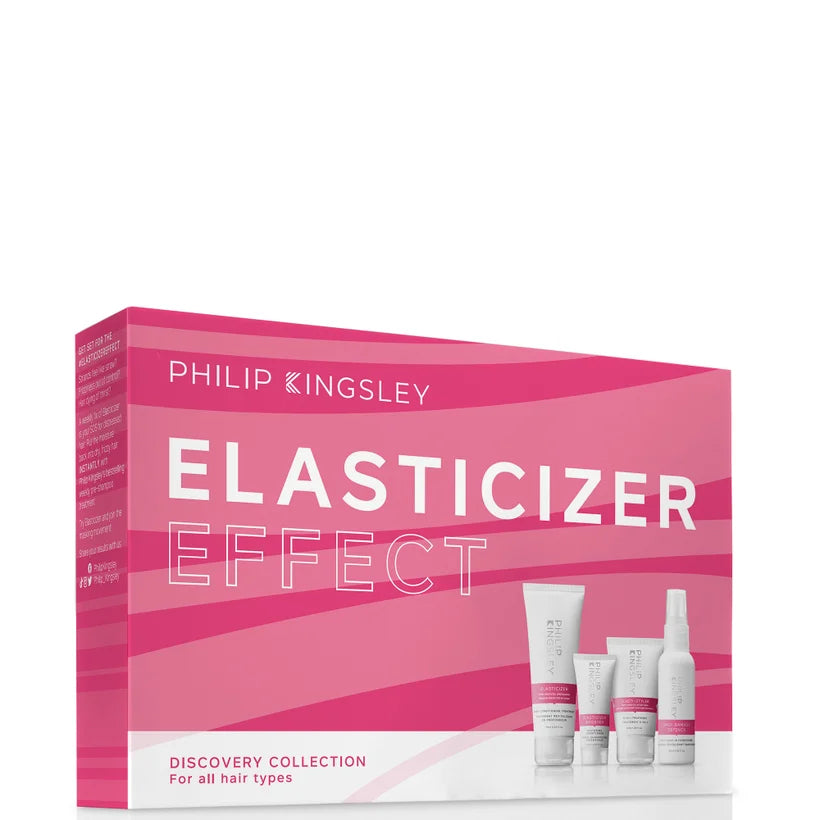 Philip Kingsley Elasticizer Effects Discovery Collection set of multiple hair treatment tubes and jars presented together