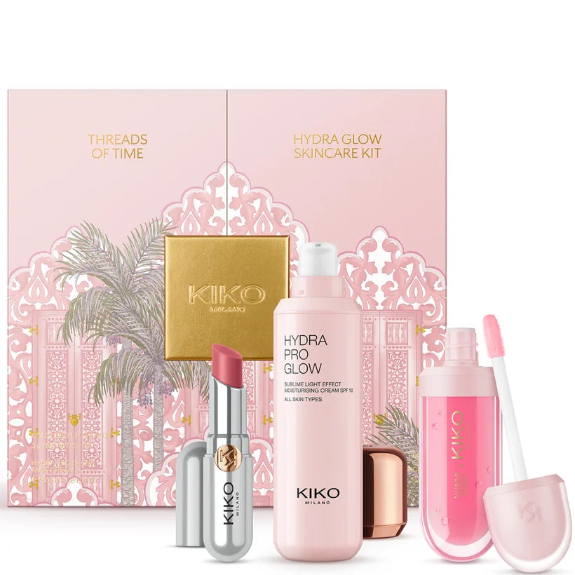 KIKO Milano Hydra Glow Skincare Kit multipiece skincare set with coordinating packaging on a white background