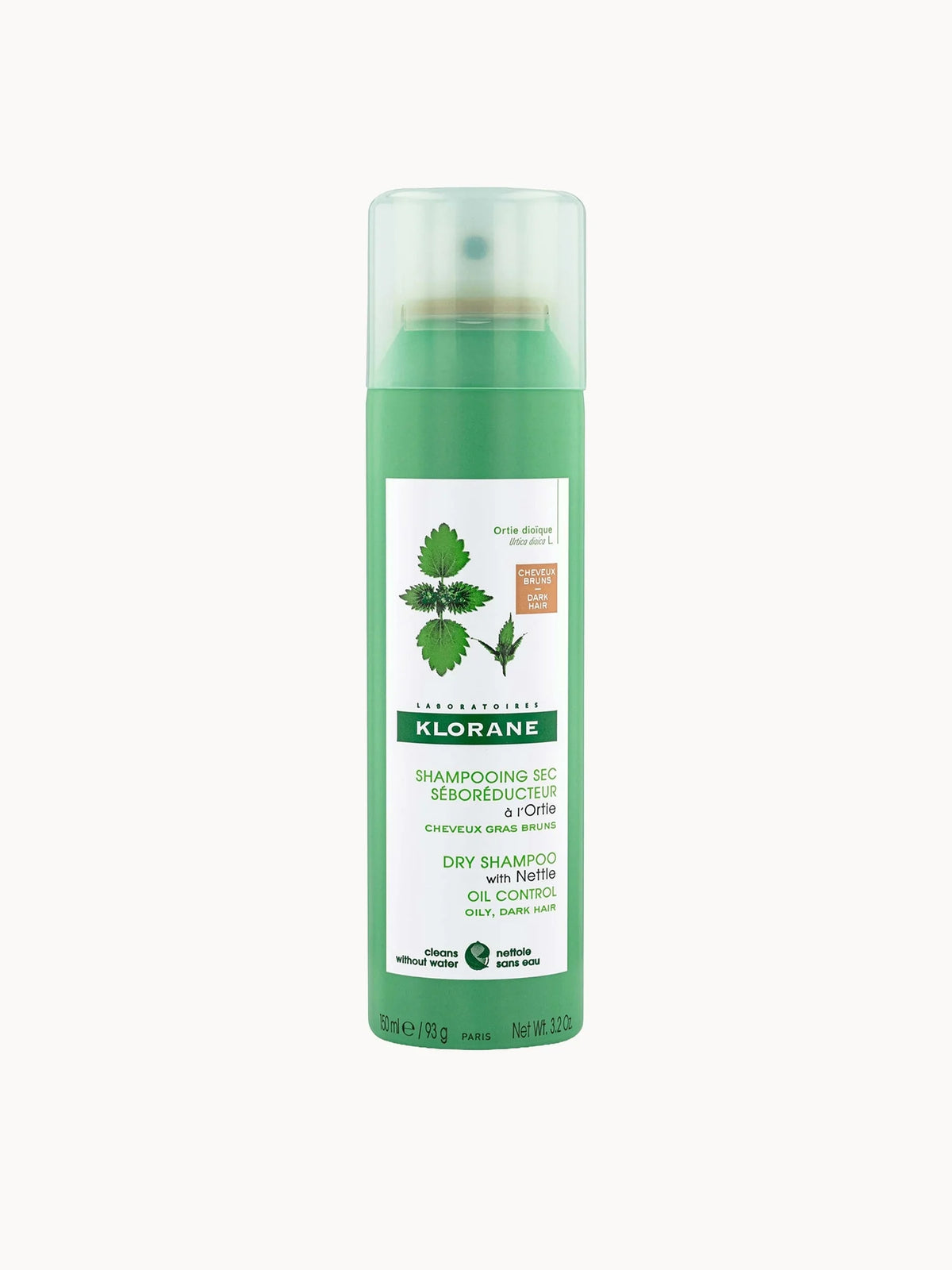 Klorane Purifying Tinted Dry Shampoo with Nettle for Oily Brown-Dark Hair 150ml, brown aerosol can with white cap and Klorane nettle branding