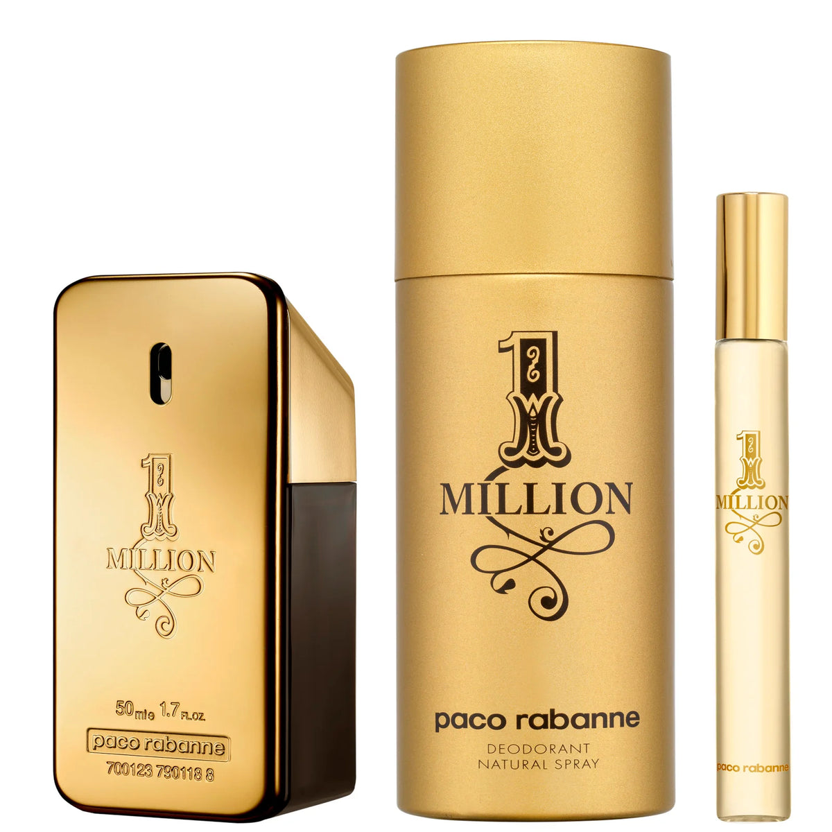 Paco Rabanne 1 Million EDT 50ml Gift Set, gold ingot-shaped bottle with matching deodorant and travel spray