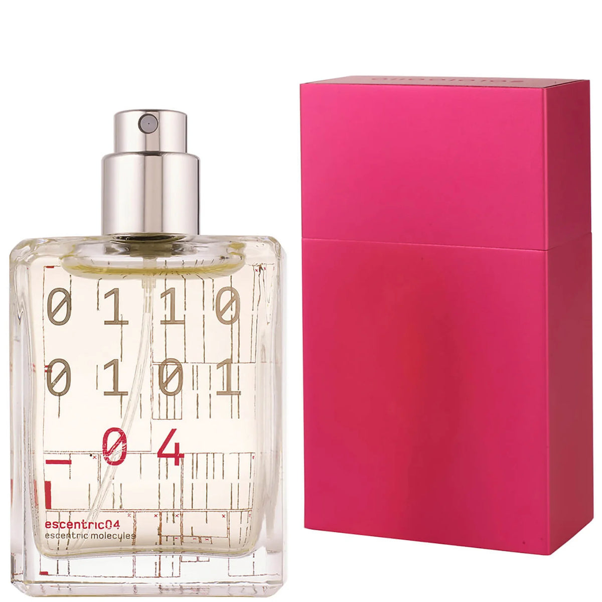 Escentric Molecules Escentric 04 Travel Size 30ml, clear glass bottle with a futuristic faceted design and minimal black lettering