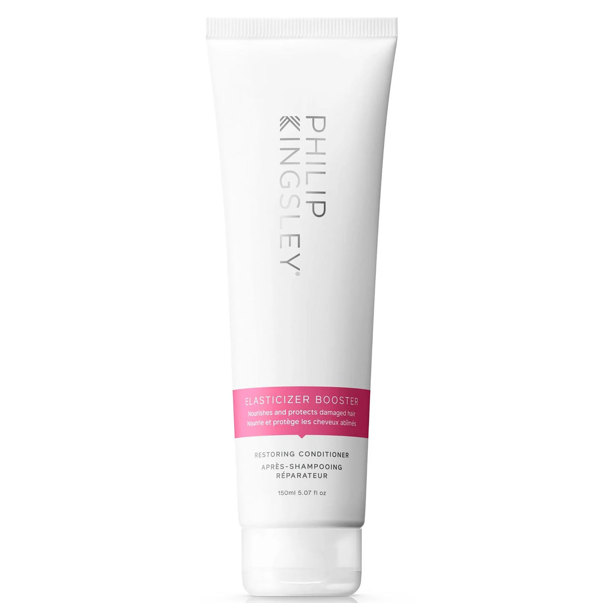 Philip Kingsley Elasticizer Booster Restoring Conditioner 150ml, white bottle with black cap and Philip Kingsley wordmark branding