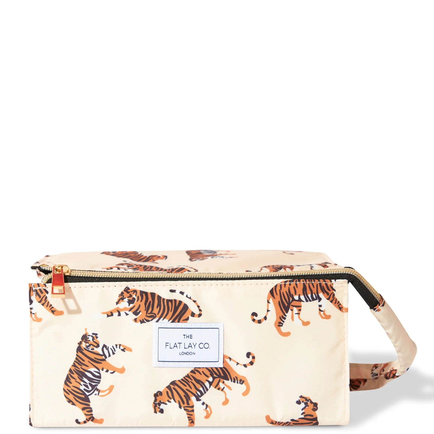 The Flat Lay Co. Open Flat Box Bag - structured makeup bag in beige with tiger print and interior compartments