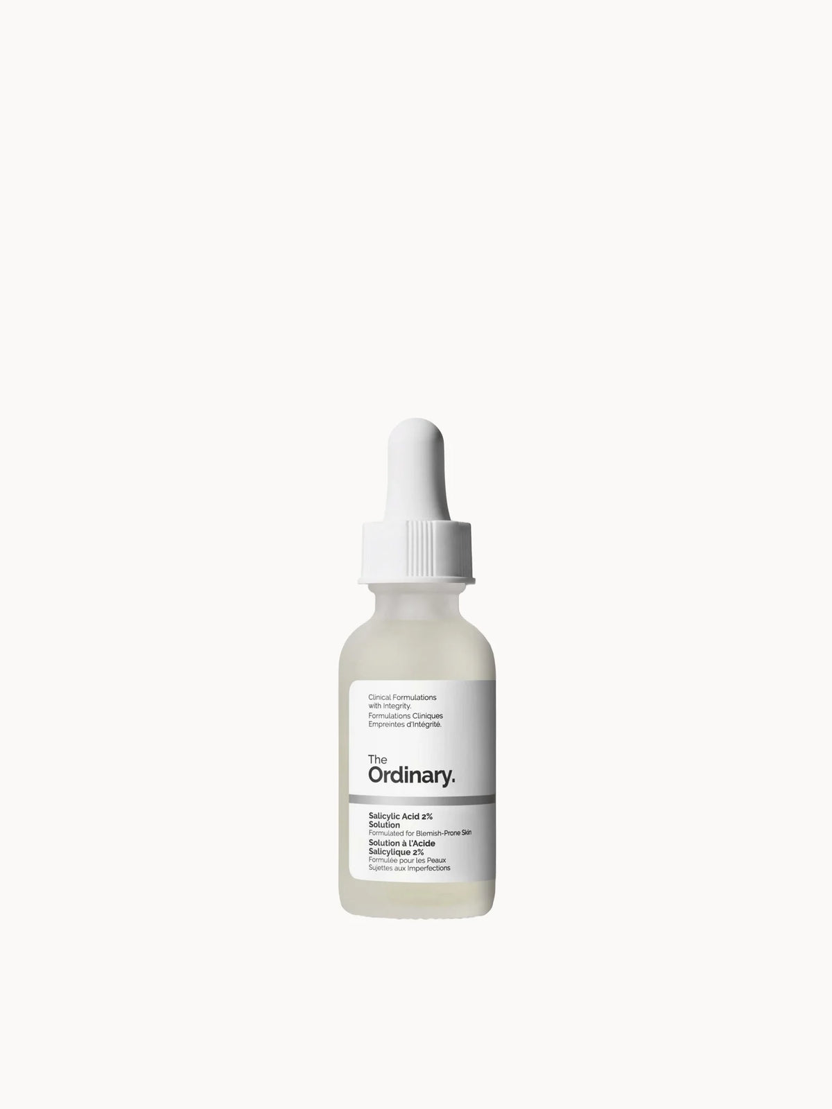 The Ordinary Salicylic Acid 2% Solution 30ml, clear glass dropper bottle with black cap and The Ordinary minimalist label