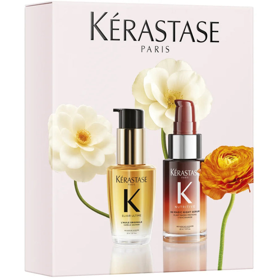 Kerastase Mini Iconics Set, hair care gift set with gold Elixir Ultime oil bottle and night serum