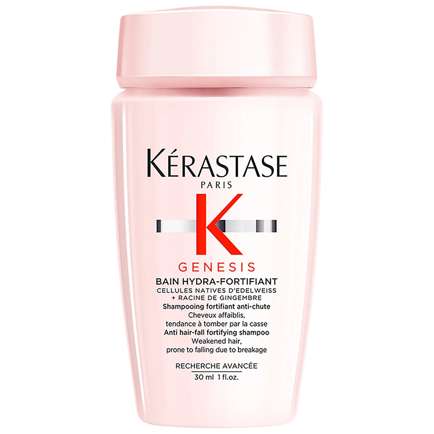 Kérastase Genesis Bain Hydra-fortifant Shampoo 30ml – Mini white shampoo bottle strengthening hair and reducing breakage.
