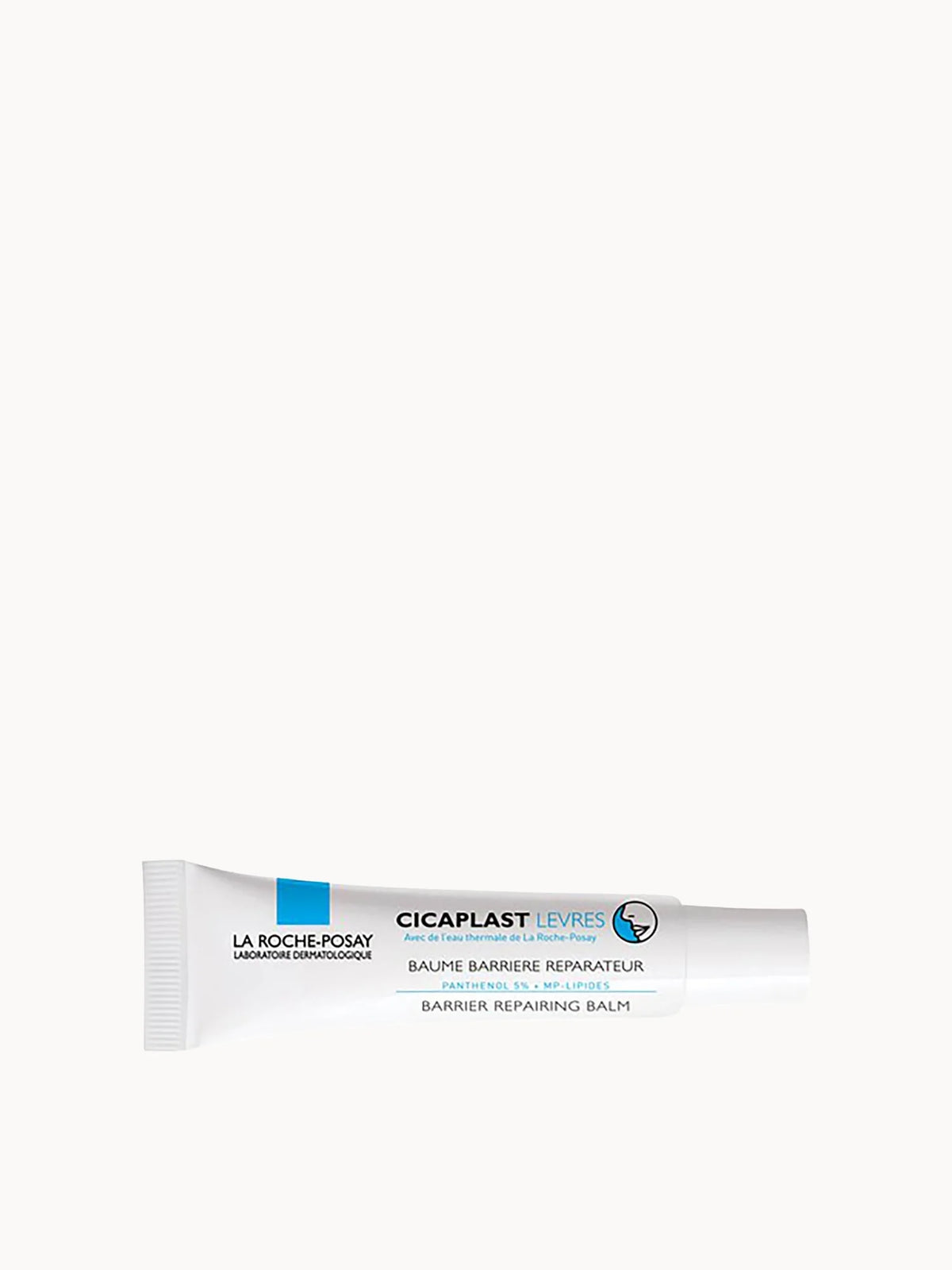 La Roche-Posay Cicaplast Baume Lips 7.5ml, small white and blue tube with flip cap and La Roche-Posay branding