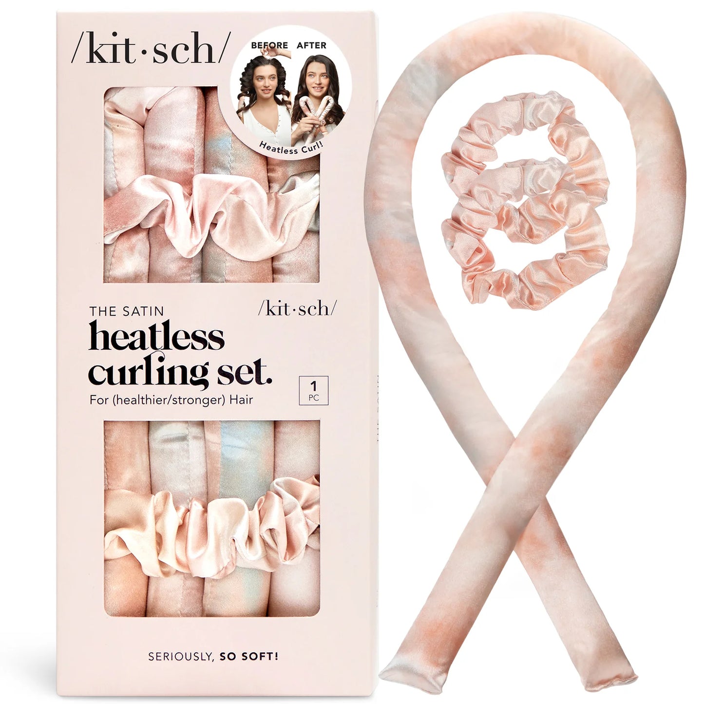 Kitsch Satin Heatless Curling Set – soft satin curling rod and scrunchies in pastel sunset tones, designed to create curls without heat