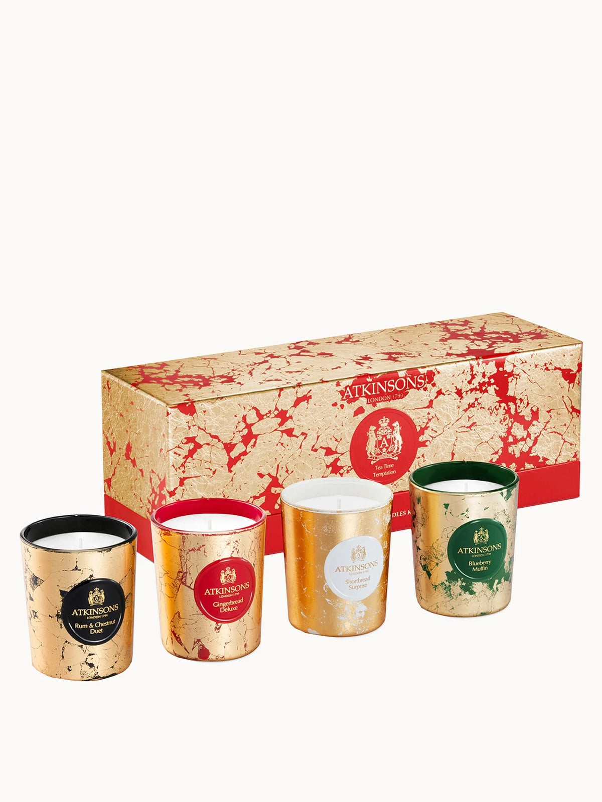 Atkinsons Tea Time Temptation Candle Set, four small red and gold hand-decorated glass candles