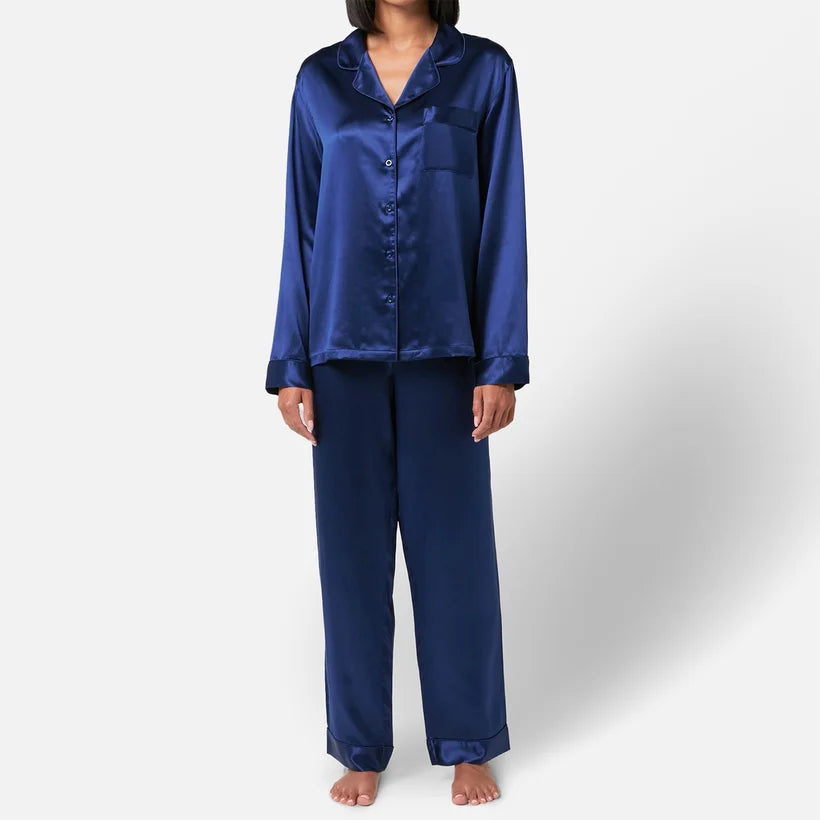 Luxurious midnight blue silk pyjamas with mother of pearl buttons and embroidered cuff