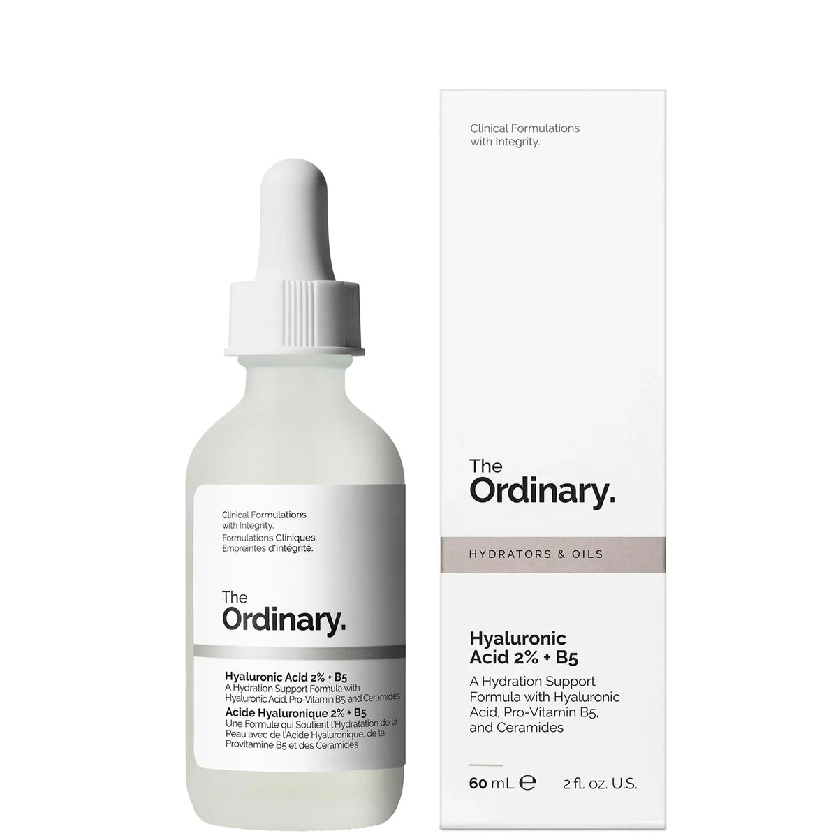 The Ordinary Hyaluronic Acid 2% + B5 60ml, clear glass dropper bottle with black cap and minimalist white label