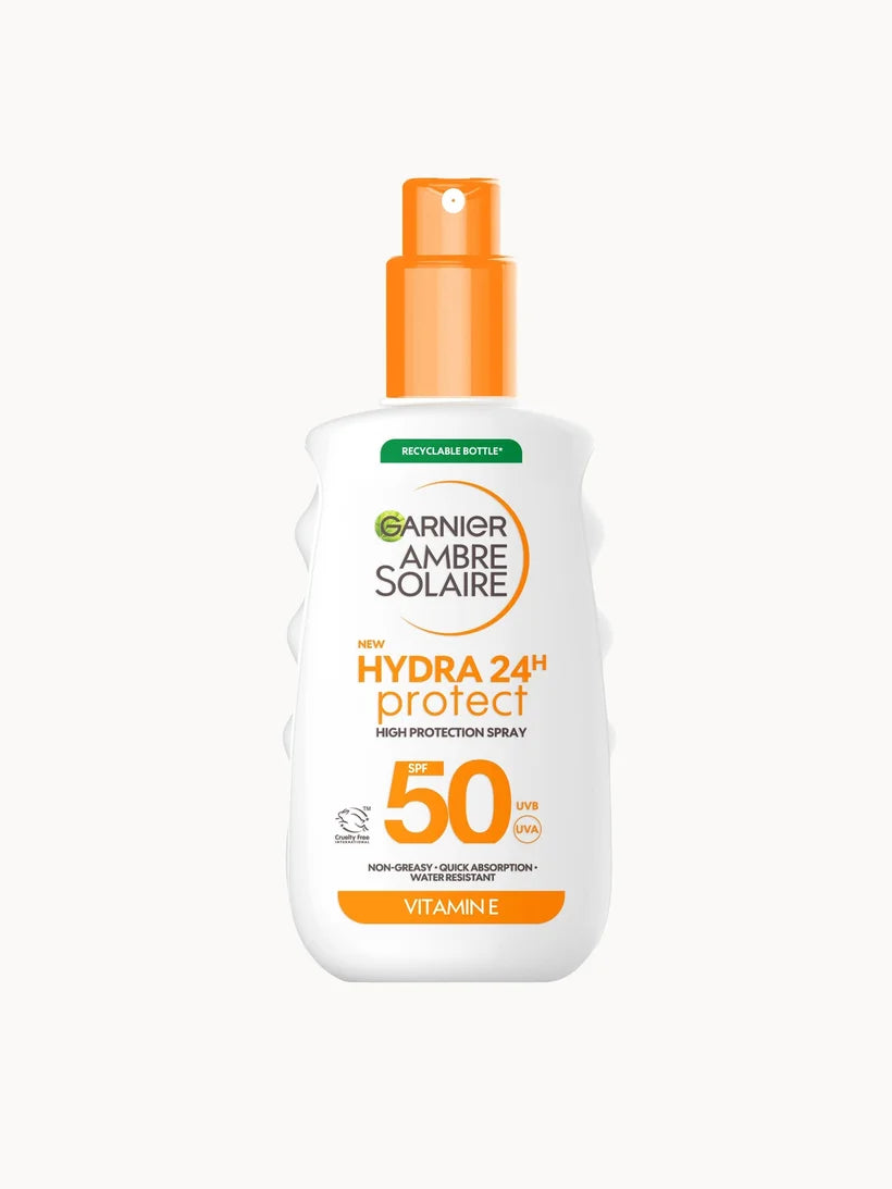 Garnier Ambre Solaire SPF 50 Hydra 24 Hour Protect High Protection UVB and UVA Hydrating Sun Cream Spray 150ml orange and white plastic spray bottle