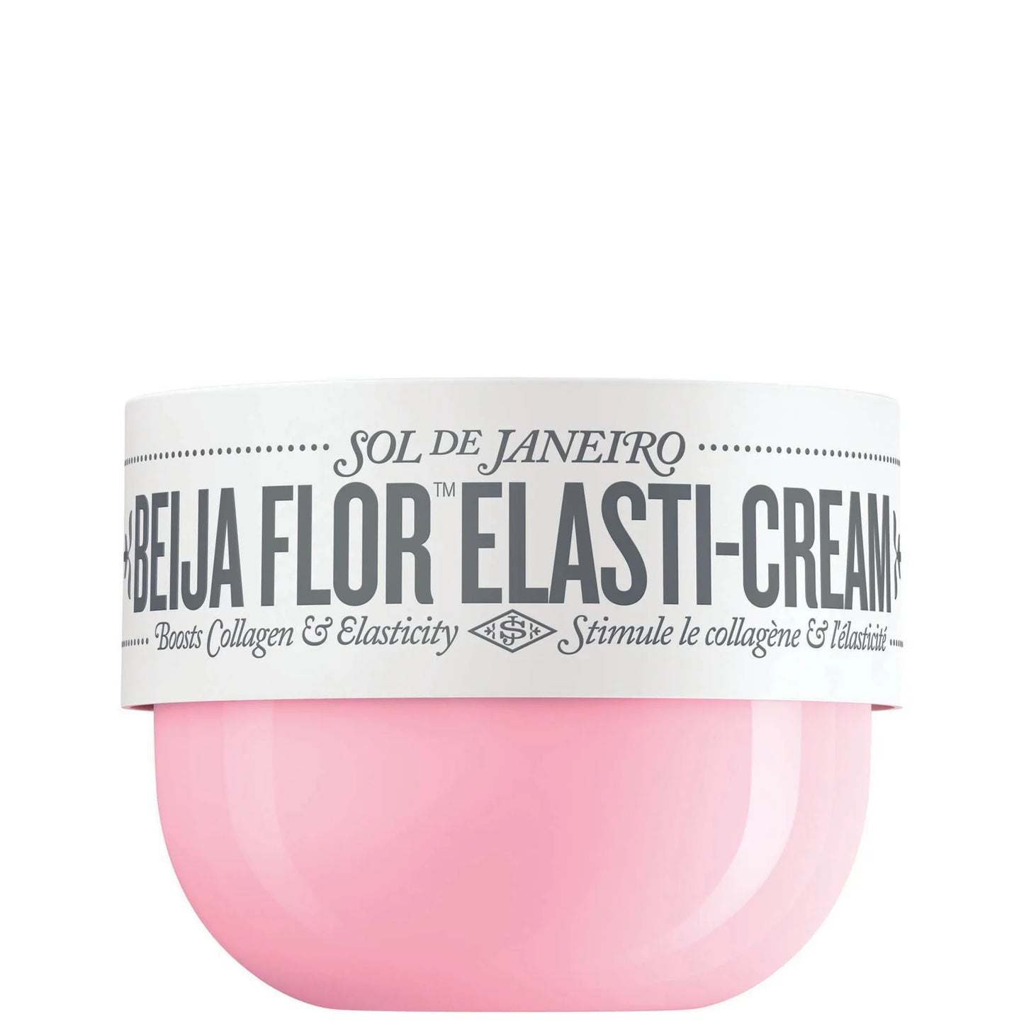 Sol de Janeiro Beija Flor Elasti-Cream 240ml in pink tub with yellow lid and bold branding