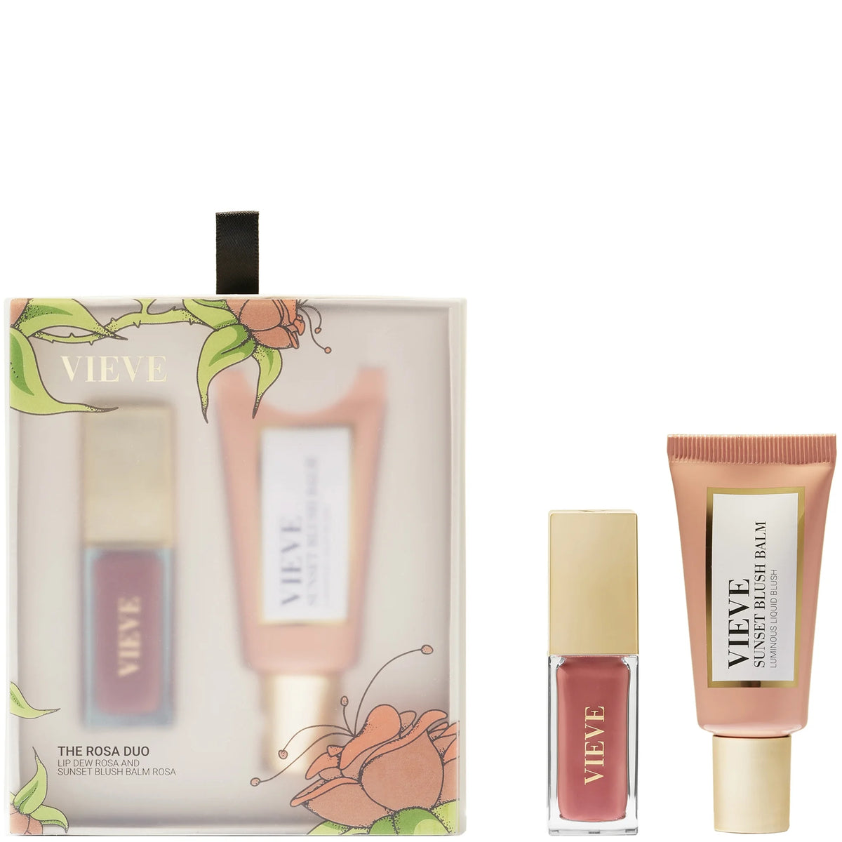 Vieve The Rosa Duo, two matching dusky pink containers, a blush balm and a lip gloss