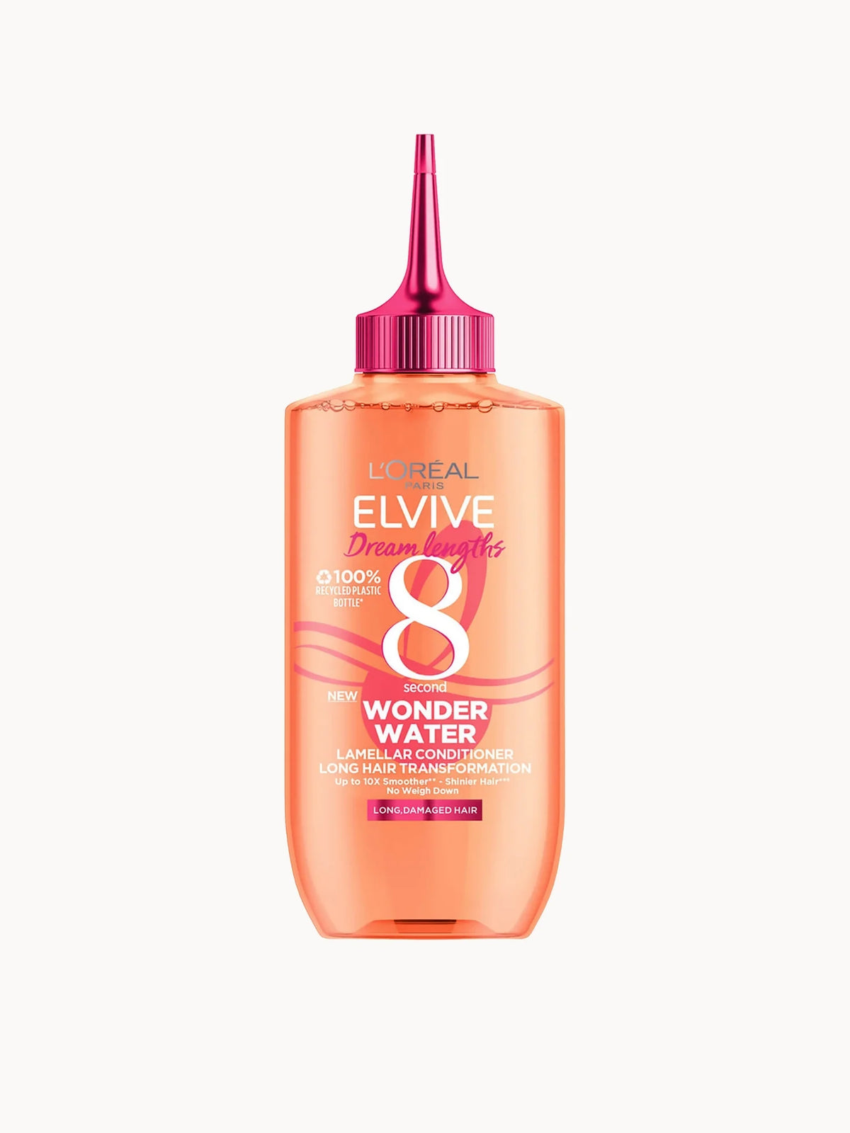 L'Oréal Paris Elvive Dream Lengths Wonder Water 8 Second Hair Treatment 200ml, clear pump bottle with black cap and L'Oréal Paris Elvive Dream Lengths branding