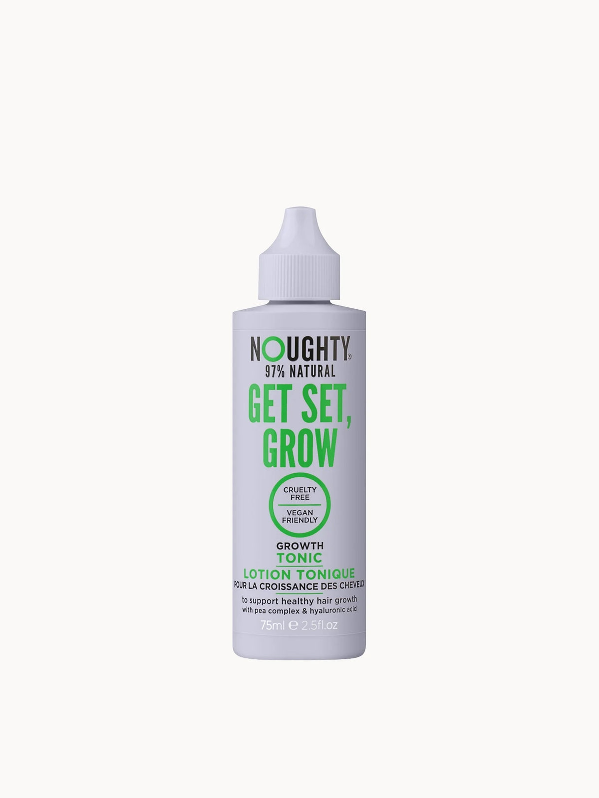 Noughty Get Set Grow Tonic 75ml, small clear bottle with pink dropper cap and Noughty playful branding