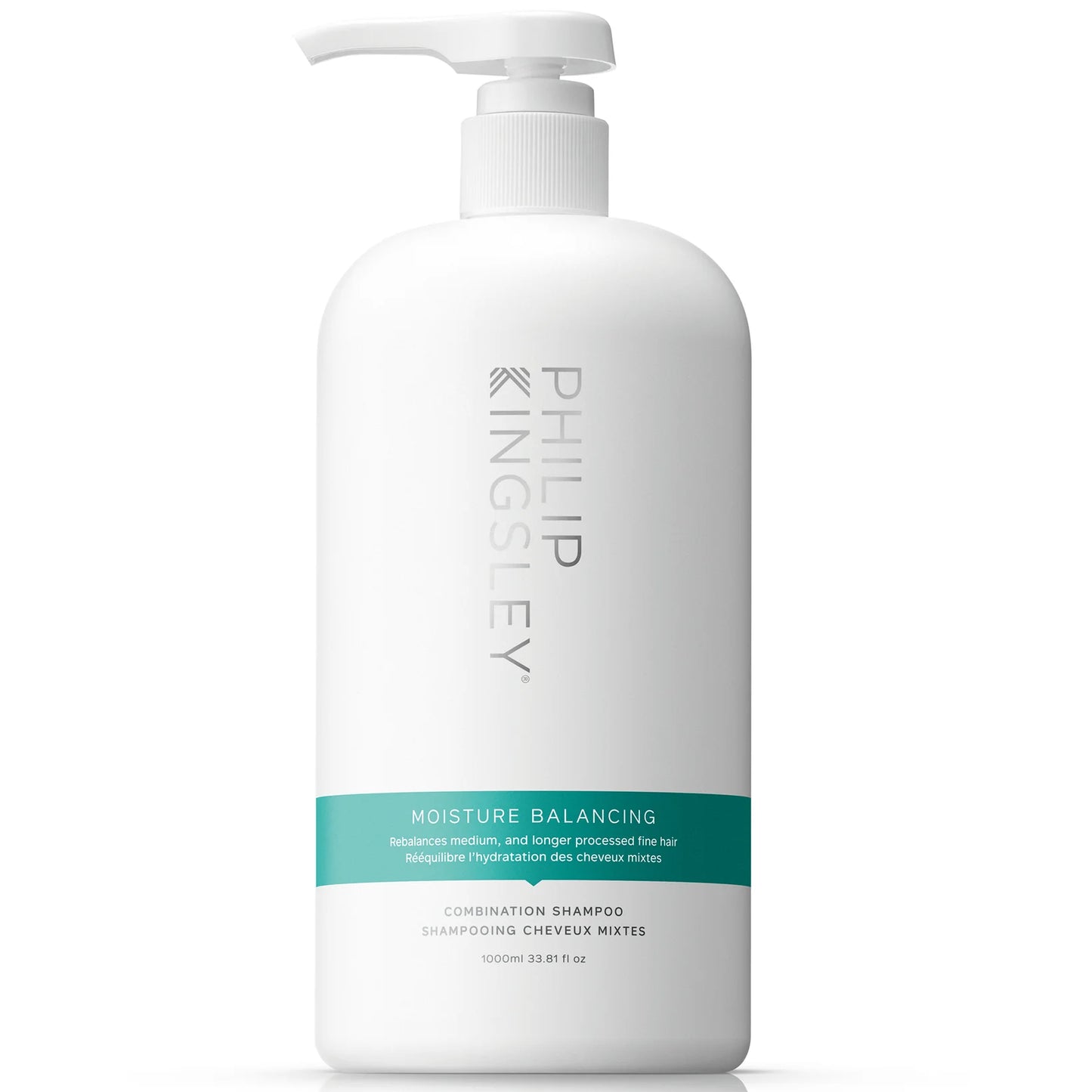 Philip Kingsley Moisture Balancing Shampoo 1000ml, tall white bottle with pump dispenser and mint green label
